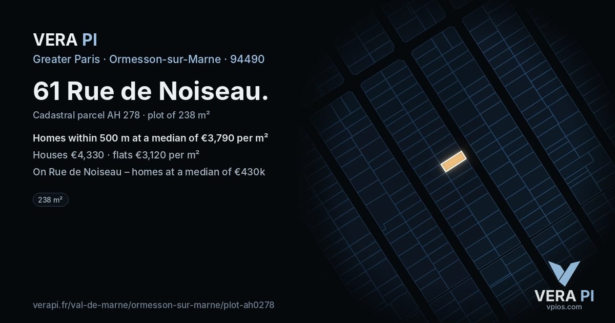 61 Rue de Noiseau, Ormesson-sur-Marne at night – the plot lit, the parcels around coloured by the prices near them