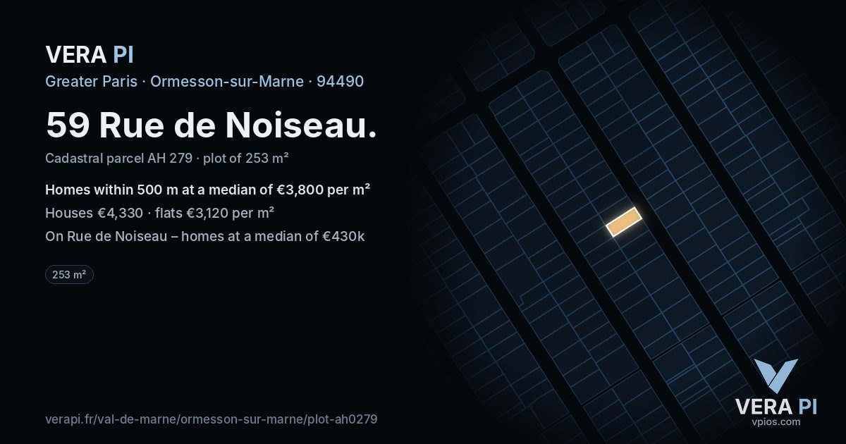 59 Rue de Noiseau, Ormesson-sur-Marne at night – the plot lit, the parcels around coloured by the prices near them