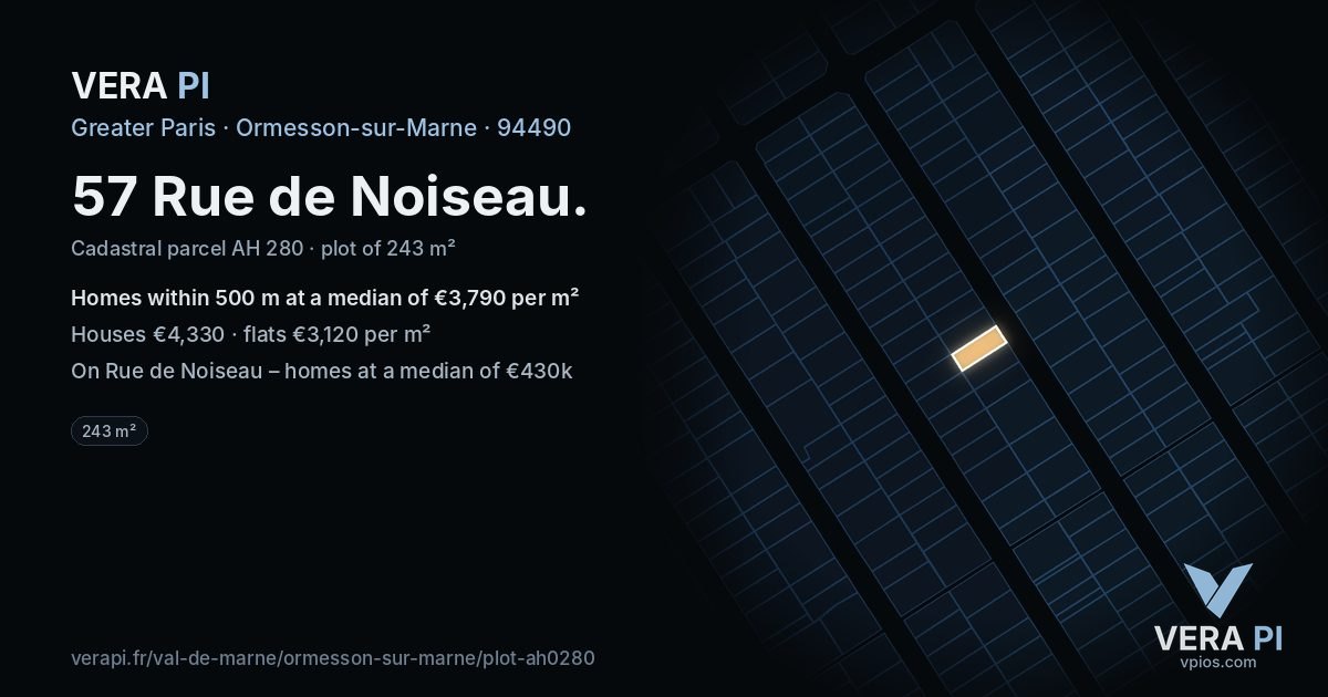 57 Rue de Noiseau, Ormesson-sur-Marne at night – the plot lit, the parcels around coloured by the prices near them