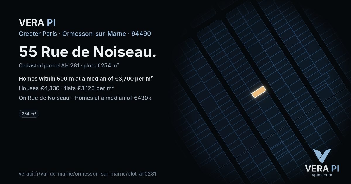 55 Rue de Noiseau, Ormesson-sur-Marne at night – the plot lit, the parcels around coloured by the prices near them