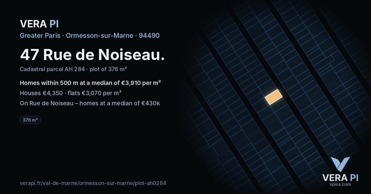 47 Rue de Noiseau, Ormesson-sur-Marne at night – the plot lit, the parcels around coloured by the prices near them