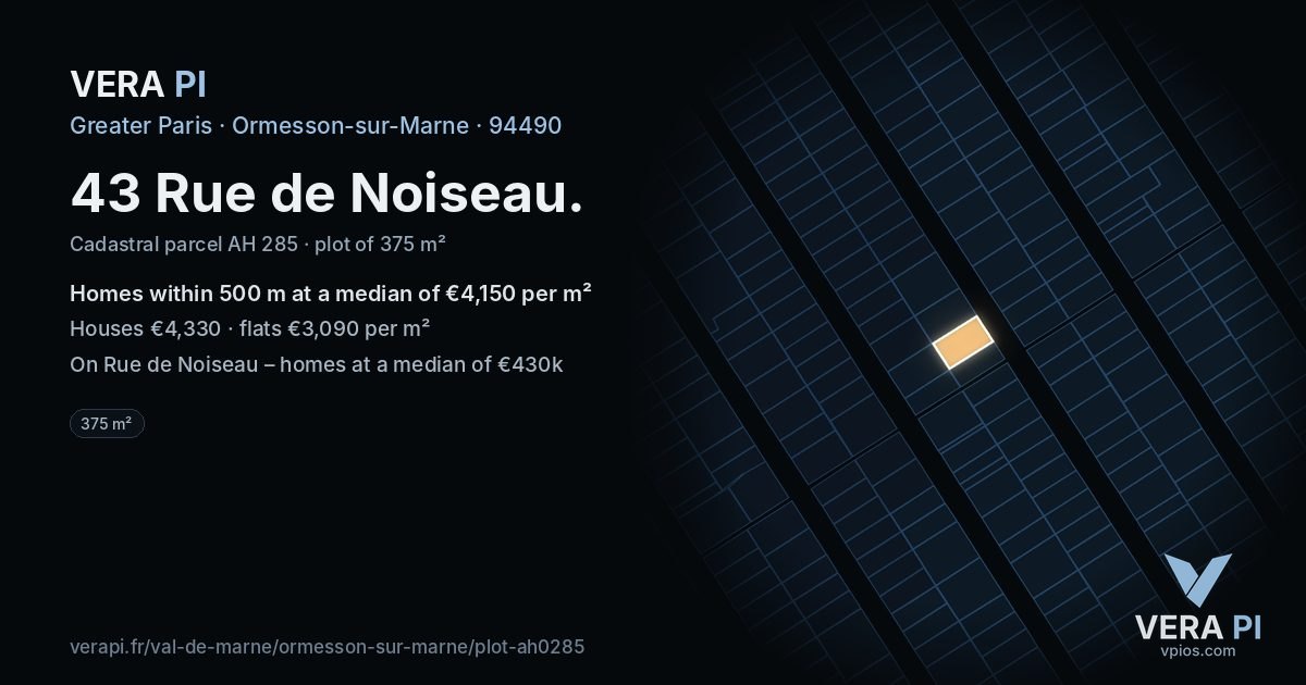 43 Rue de Noiseau, Ormesson-sur-Marne at night – the plot lit, the parcels around coloured by the prices near them