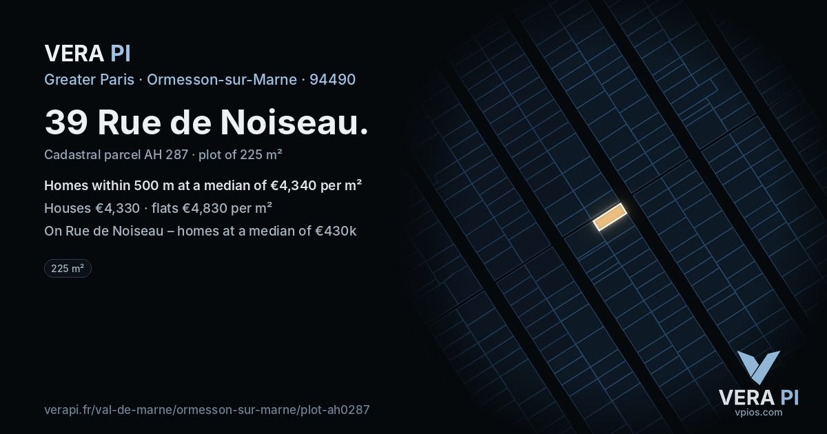 39 Rue de Noiseau, Ormesson-sur-Marne at night – the plot lit, the parcels around coloured by the prices near them