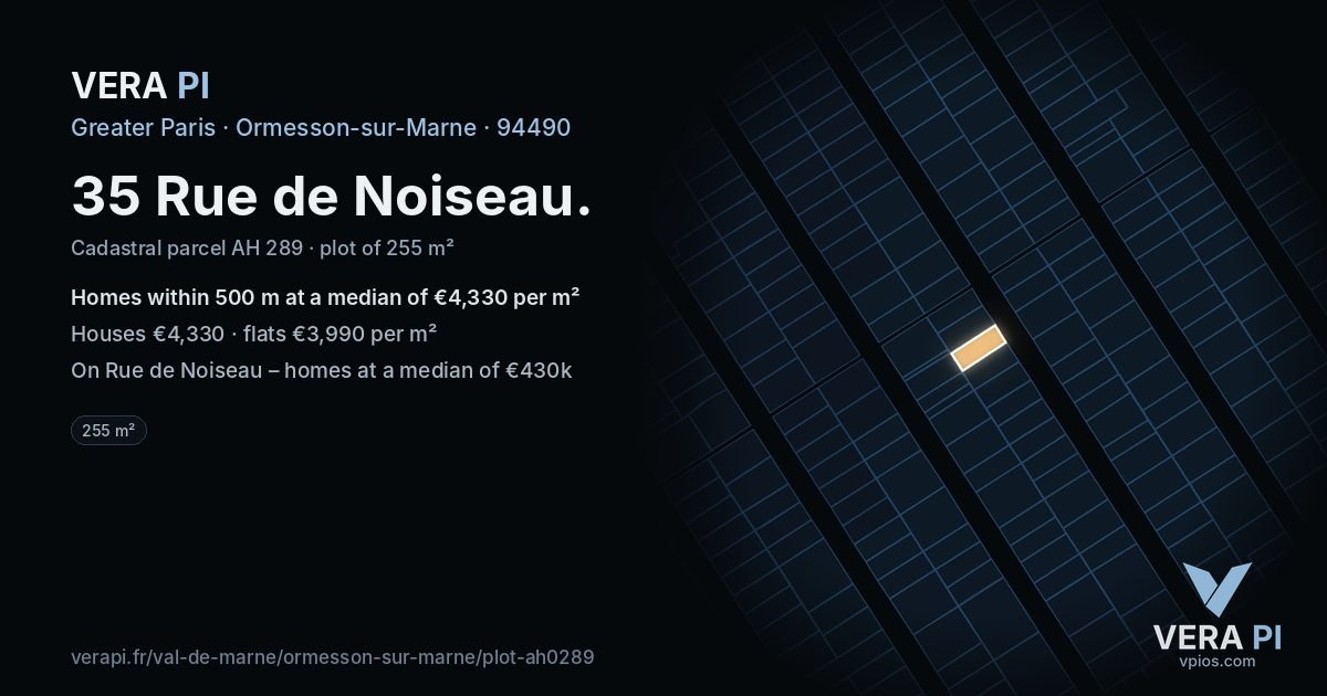 35 Rue de Noiseau, Ormesson-sur-Marne at night – the plot lit, the parcels around coloured by the prices near them