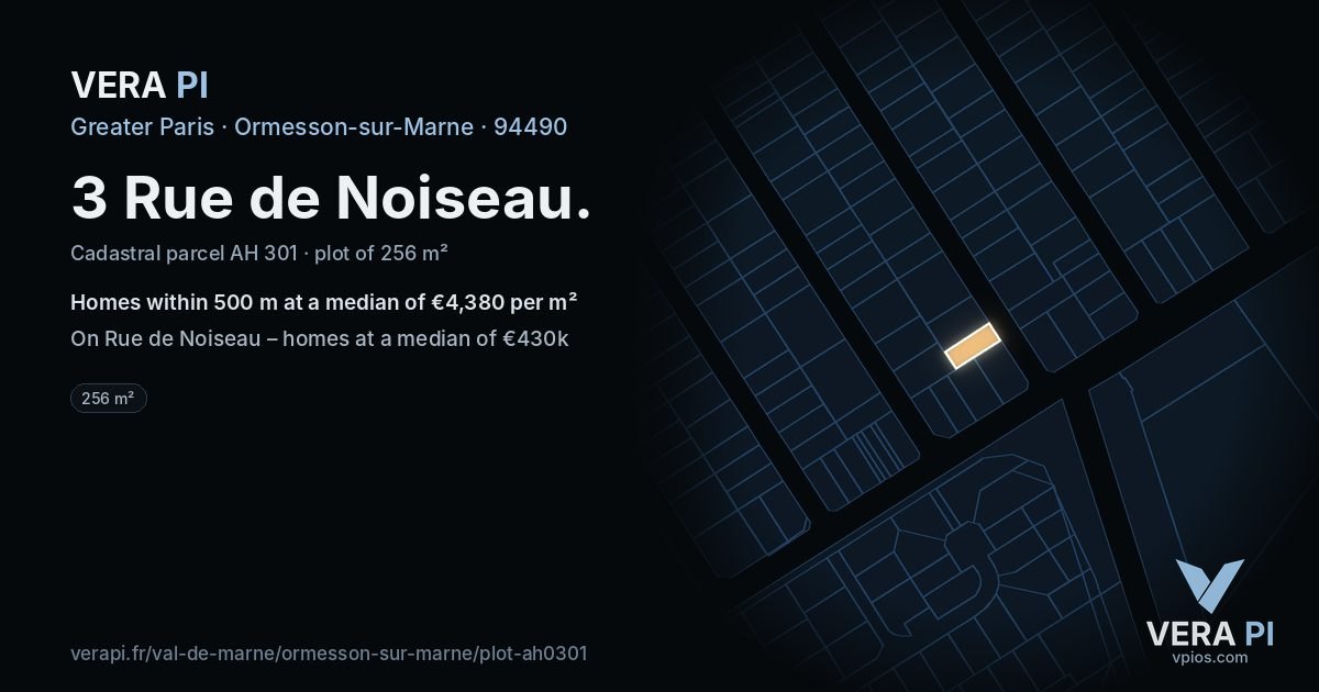 3 Rue de Noiseau, Ormesson-sur-Marne at night – the plot lit, the parcels around coloured by the prices near them