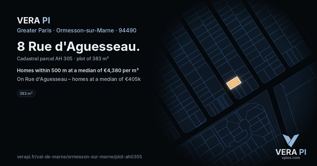 8 Rue d'Aguesseau, Ormesson-sur-Marne at night – the plot lit, the parcels around coloured by the prices near them