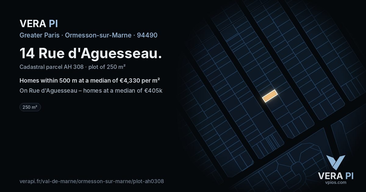 14 Rue d'Aguesseau, Ormesson-sur-Marne at night – the plot lit, the parcels around coloured by the prices near them
