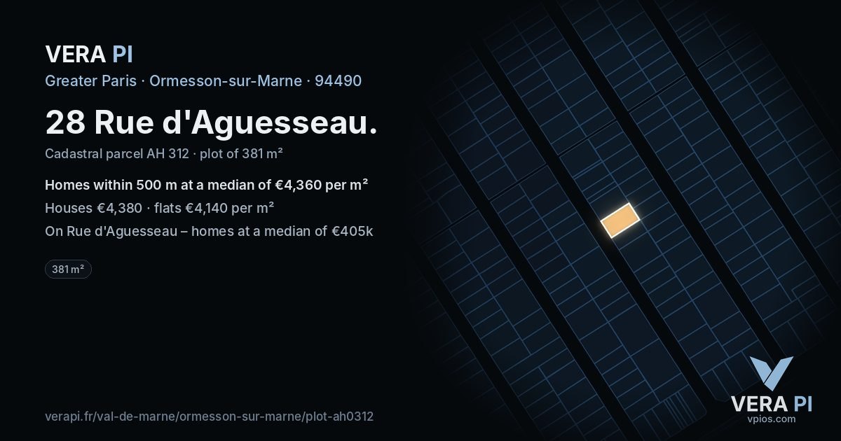 28 Rue d'Aguesseau, Ormesson-sur-Marne at night – the plot lit, the parcels around coloured by the prices near them