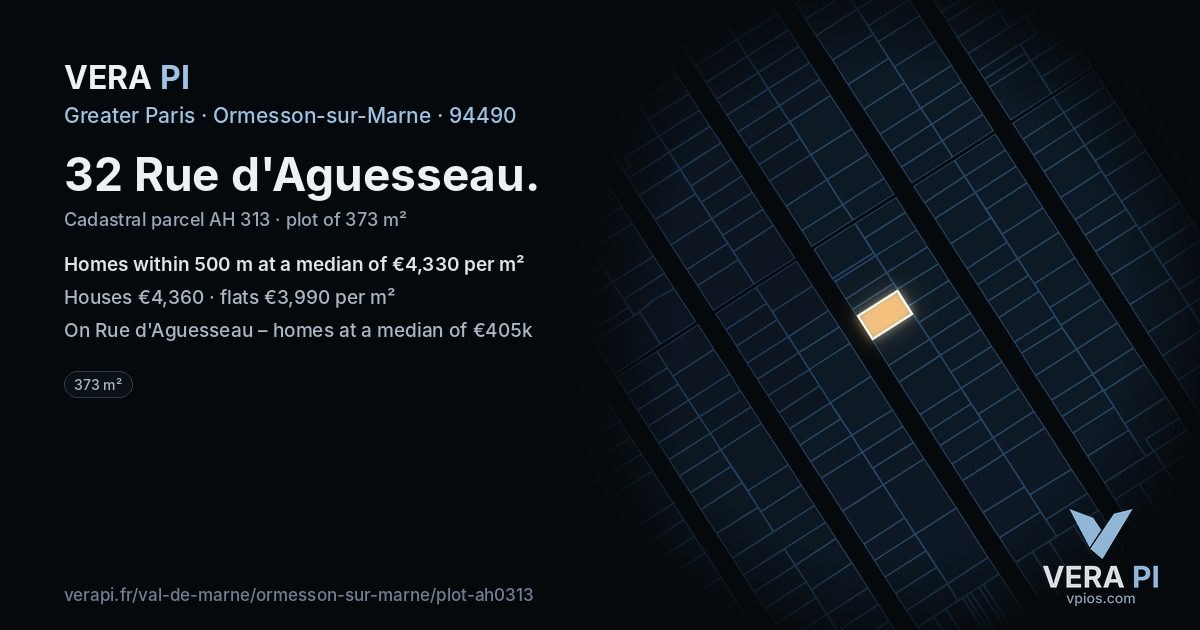 32 Rue d'Aguesseau, Ormesson-sur-Marne at night – the plot lit, the parcels around coloured by the prices near them