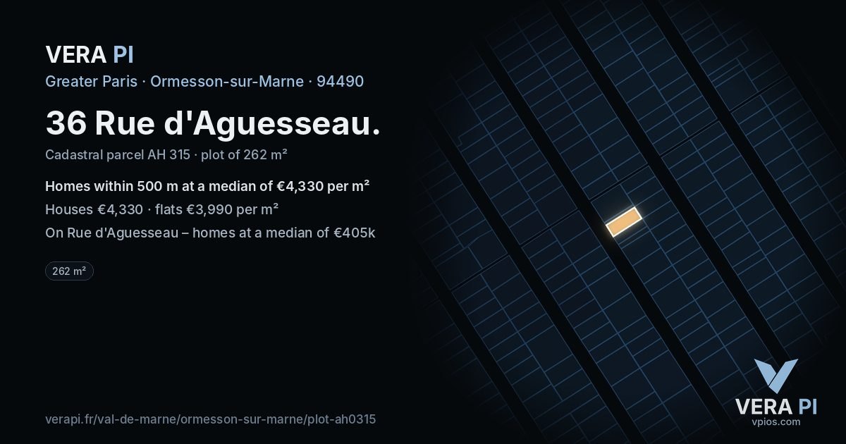 36 Rue d'Aguesseau, Ormesson-sur-Marne at night – the plot lit, the parcels around coloured by the prices near them