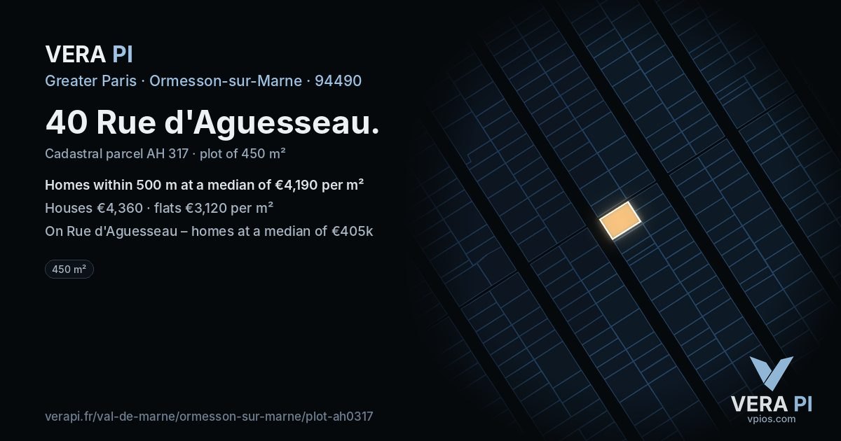 40 Rue d'Aguesseau, Ormesson-sur-Marne at night – the plot lit, the parcels around coloured by the prices near them