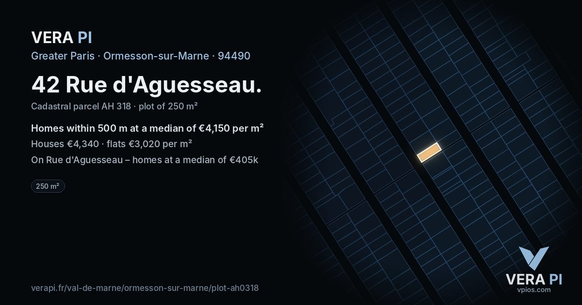 42 Rue d'Aguesseau, Ormesson-sur-Marne at night – the plot lit, the parcels around coloured by the prices near them