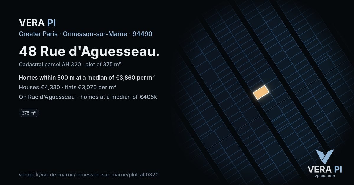 48 Rue d'Aguesseau, Ormesson-sur-Marne at night – the plot lit, the parcels around coloured by the prices near them