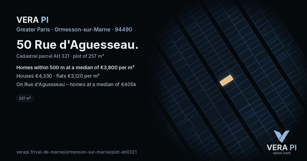 50 Rue d'Aguesseau, Ormesson-sur-Marne at night – the plot lit, the parcels around coloured by the prices near them