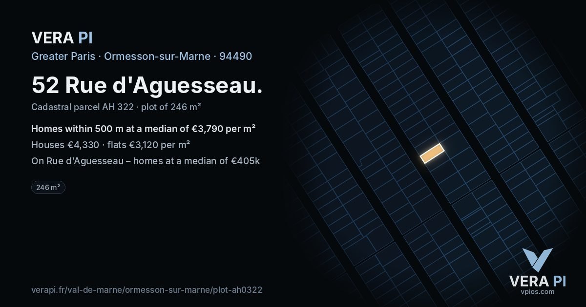 52 Rue d'Aguesseau, Ormesson-sur-Marne at night – the plot lit, the parcels around coloured by the prices near them