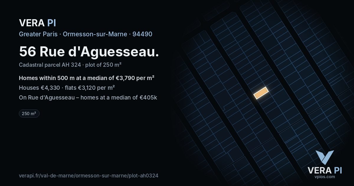 56 Rue d'Aguesseau, Ormesson-sur-Marne at night – the plot lit, the parcels around coloured by the prices near them