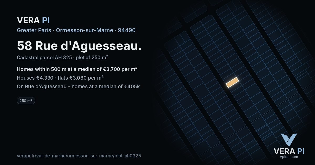58 Rue d'Aguesseau, Ormesson-sur-Marne at night – the plot lit, the parcels around coloured by the prices near them