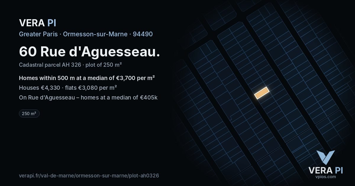 60 Rue d'Aguesseau, Ormesson-sur-Marne at night – the plot lit, the parcels around coloured by the prices near them