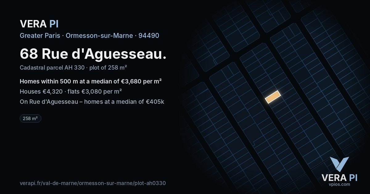 68 Rue d'Aguesseau, Ormesson-sur-Marne at night – the plot lit, the parcels around coloured by the prices near them