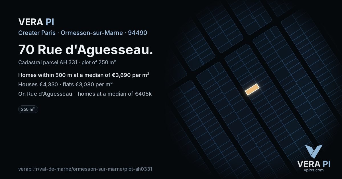 70 Rue d'Aguesseau, Ormesson-sur-Marne at night – the plot lit, the parcels around coloured by the prices near them