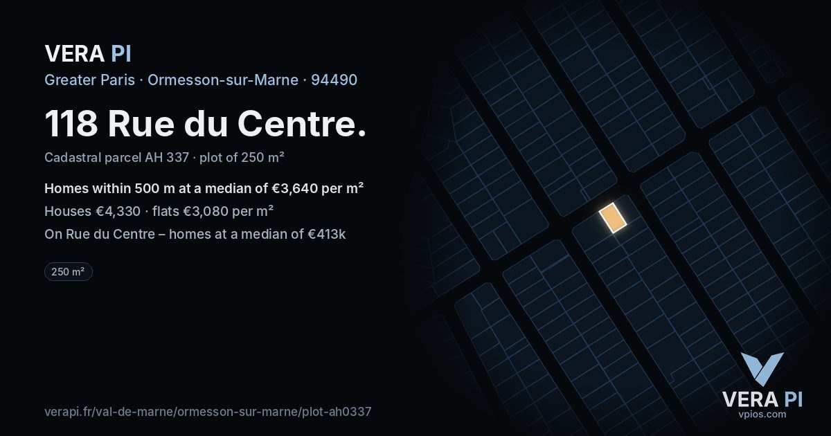 118 Rue du Centre, Ormesson-sur-Marne at night – the plot lit, the parcels around coloured by the prices near them