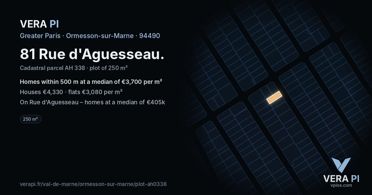 81 Rue d'Aguesseau, Ormesson-sur-Marne at night – the plot lit, the parcels around coloured by the prices near them