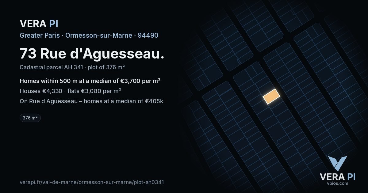 73 Rue d'Aguesseau, Ormesson-sur-Marne at night – the plot lit, the parcels around coloured by the prices near them