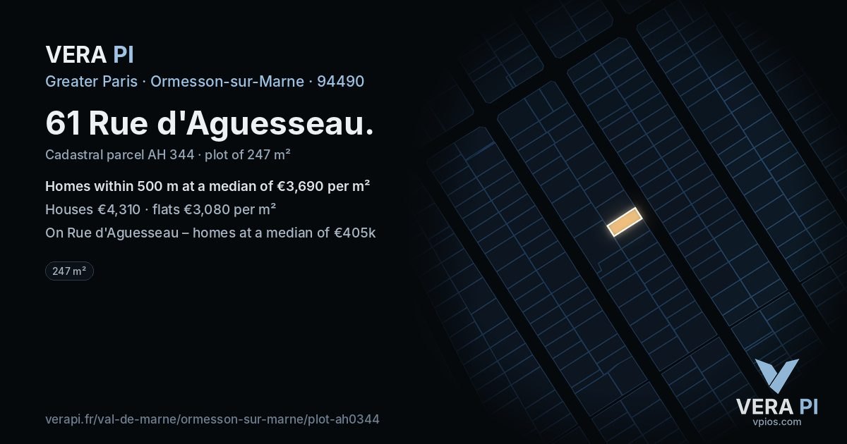 61 Rue d'Aguesseau, Ormesson-sur-Marne at night – the plot lit, the parcels around coloured by the prices near them