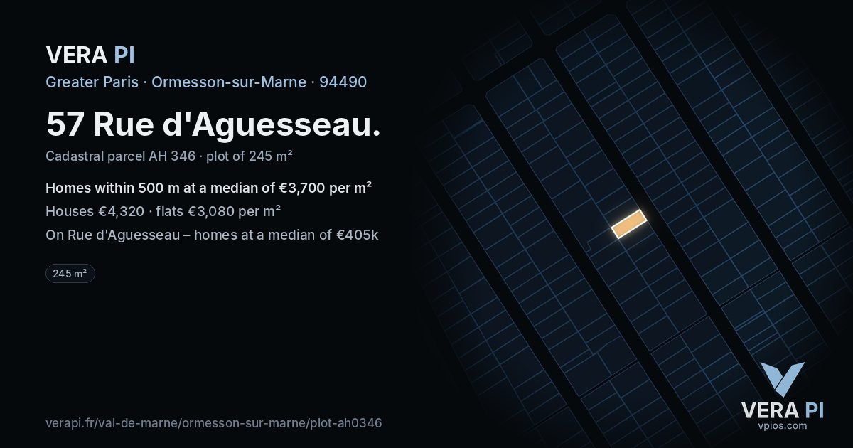 57 Rue d'Aguesseau, Ormesson-sur-Marne at night – the plot lit, the parcels around coloured by the prices near them