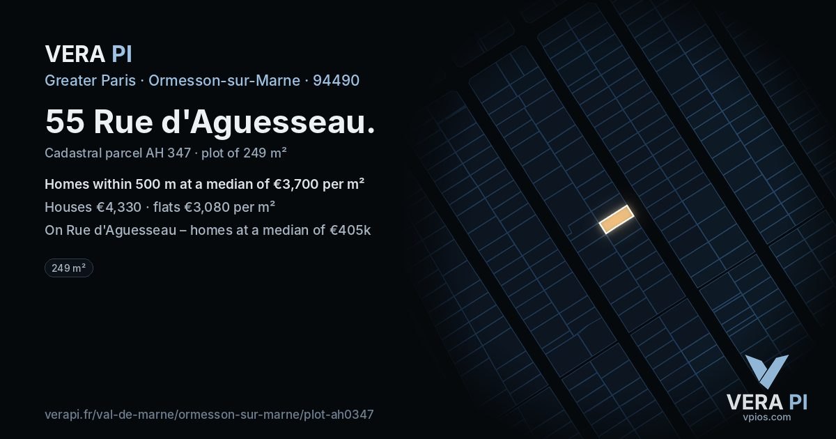 55 Rue d'Aguesseau, Ormesson-sur-Marne at night – the plot lit, the parcels around coloured by the prices near them