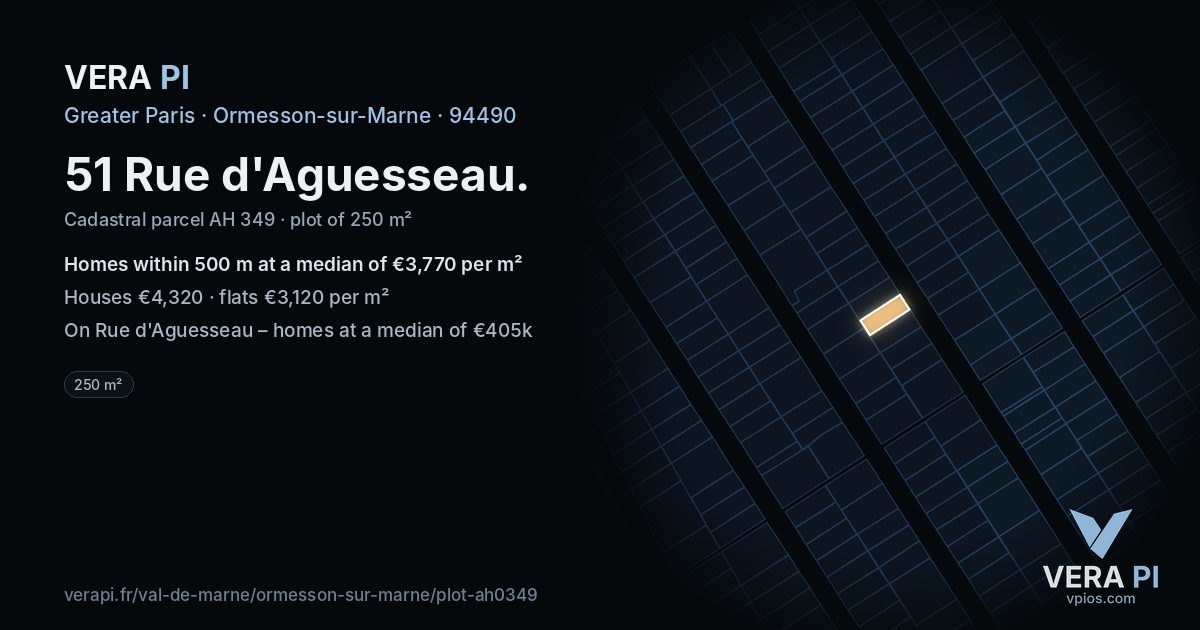 51 Rue d'Aguesseau, Ormesson-sur-Marne at night – the plot lit, the parcels around coloured by the prices near them