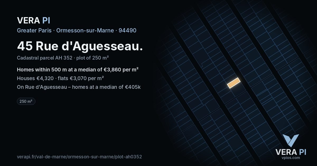 45 Rue d'Aguesseau, Ormesson-sur-Marne at night – the plot lit, the parcels around coloured by the prices near them