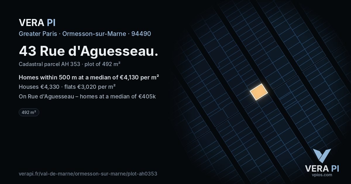 43 Rue d'Aguesseau, Ormesson-sur-Marne at night – the plot lit, the parcels around coloured by the prices near them