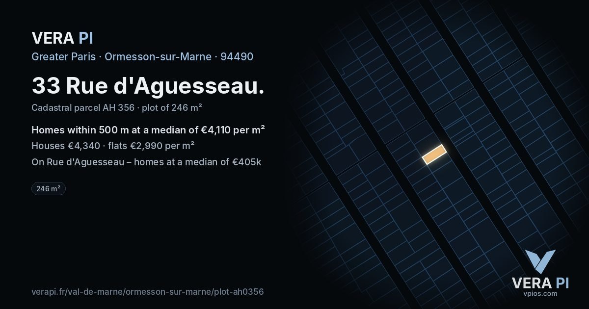 33 Rue d'Aguesseau, Ormesson-sur-Marne at night – the plot lit, the parcels around coloured by the prices near them