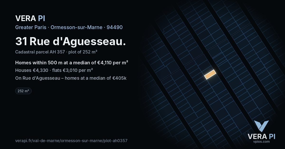 31 Rue d'Aguesseau, Ormesson-sur-Marne at night – the plot lit, the parcels around coloured by the prices near them