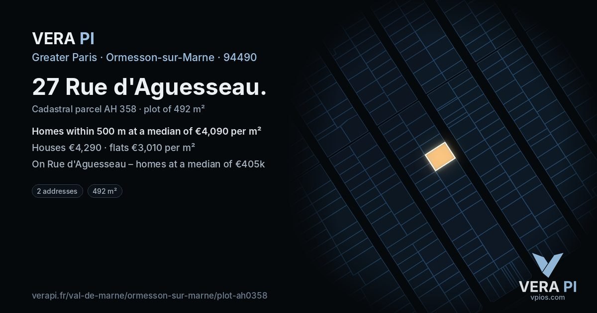 27 Rue d'Aguesseau, Ormesson-sur-Marne at night – the plot lit, the parcels around coloured by the prices near them