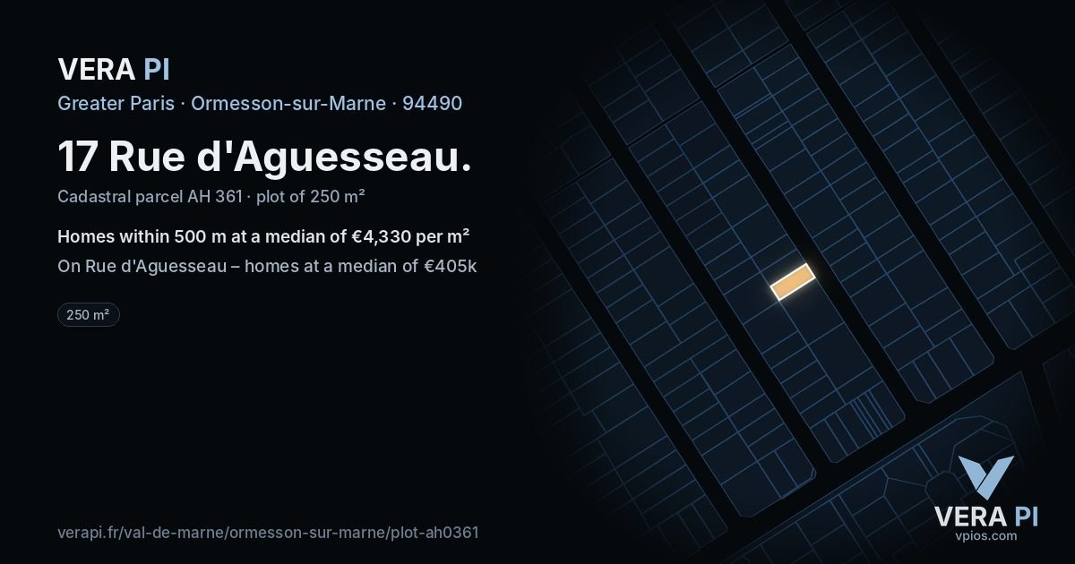 17 Rue d'Aguesseau, Ormesson-sur-Marne at night – the plot lit, the parcels around coloured by the prices near them