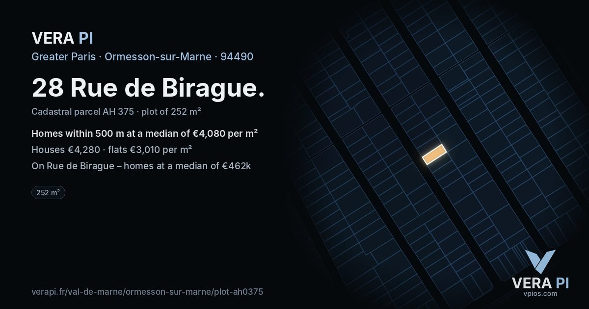 28 Rue de Birague, Ormesson-sur-Marne at night – the plot lit, the parcels around coloured by the prices near them