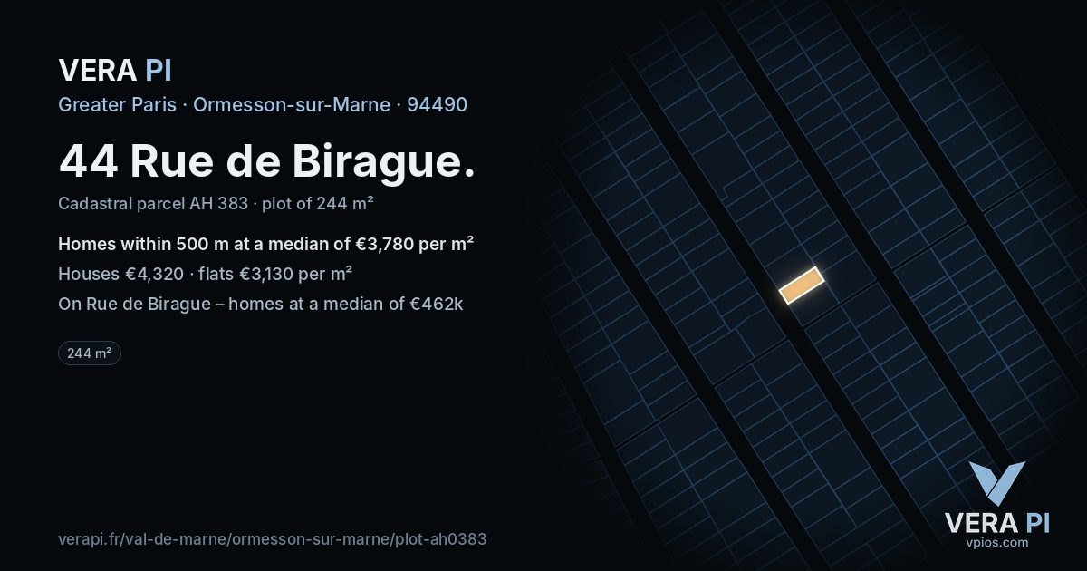 44 Rue de Birague, Ormesson-sur-Marne at night – the plot lit, the parcels around coloured by the prices near them