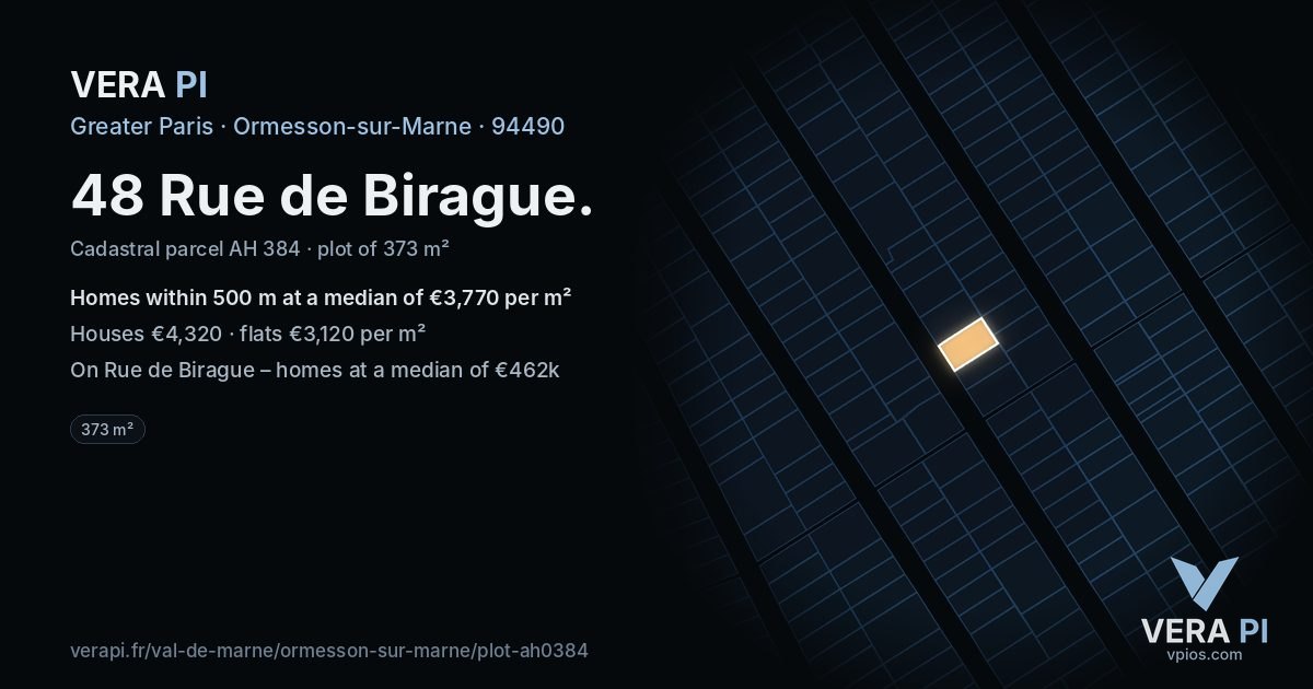 48 Rue de Birague, Ormesson-sur-Marne at night – the plot lit, the parcels around coloured by the prices near them