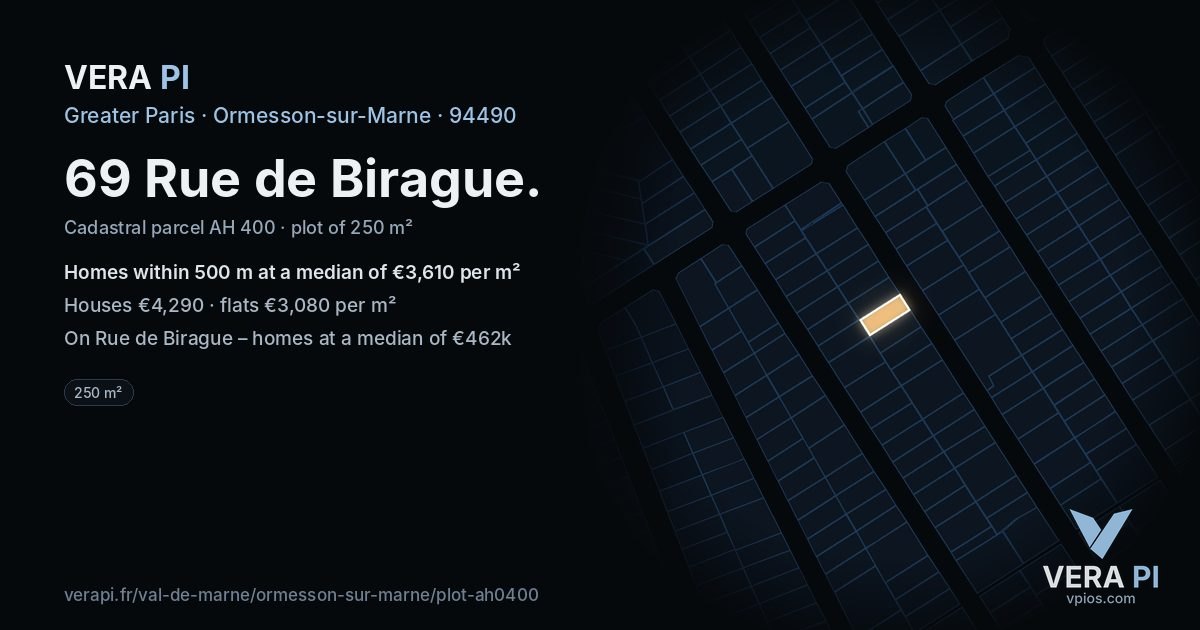 69 Rue de Birague, Ormesson-sur-Marne at night – the plot lit, the parcels around coloured by the prices near them