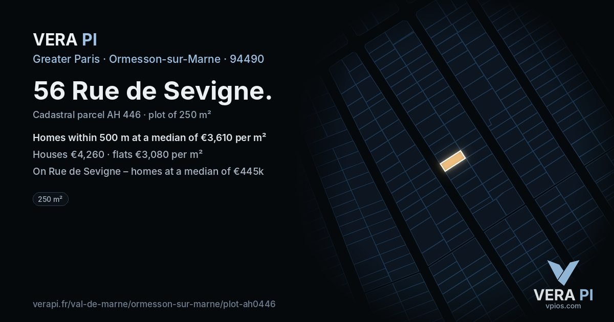 56 Rue de Sevigne, Ormesson-sur-Marne at night – the plot lit, the parcels around coloured by the prices near them