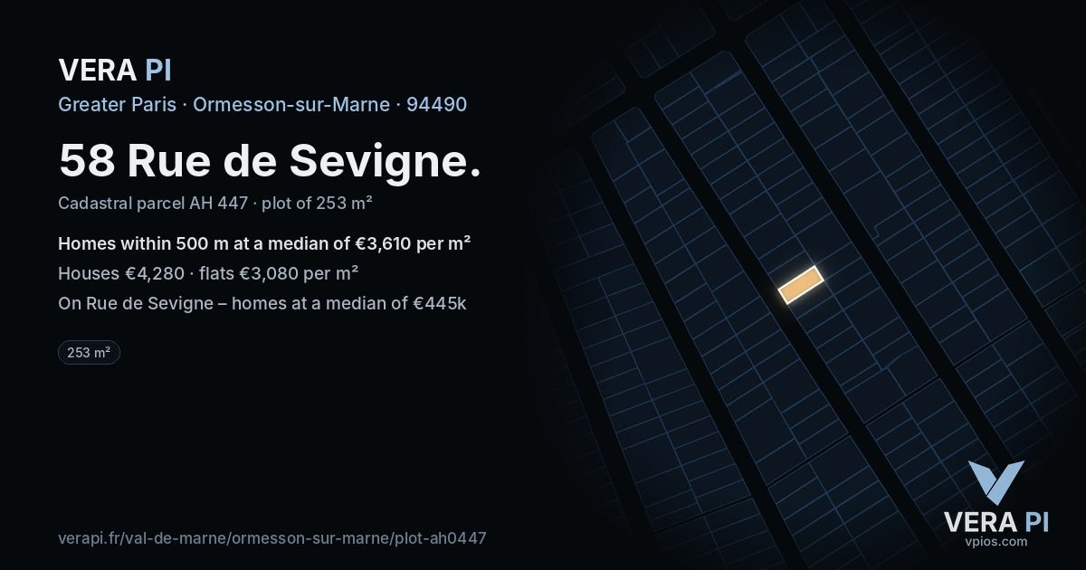 58 Rue de Sevigne, Ormesson-sur-Marne at night – the plot lit, the parcels around coloured by the prices near them