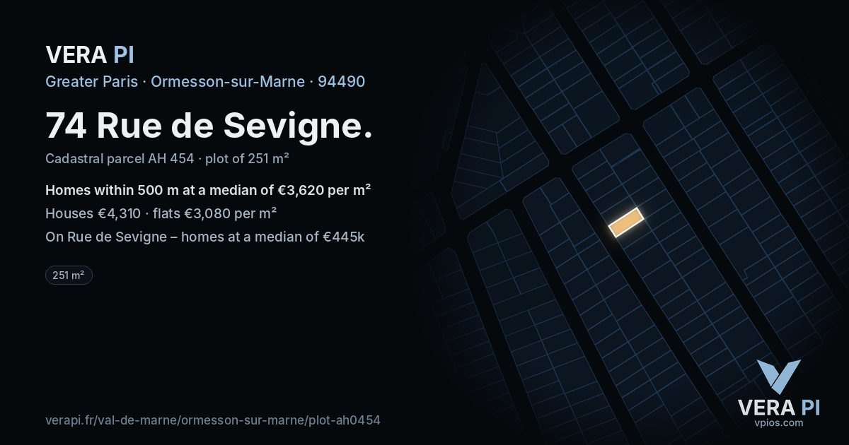 74 Rue de Sevigne, Ormesson-sur-Marne at night – the plot lit, the parcels around coloured by the prices near them