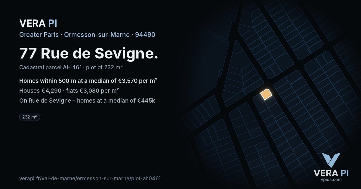 77 Rue de Sevigne, Ormesson-sur-Marne at night – the plot lit, the parcels around coloured by the prices near them