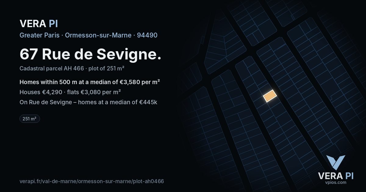 67 Rue de Sevigne, Ormesson-sur-Marne at night – the plot lit, the parcels around coloured by the prices near them