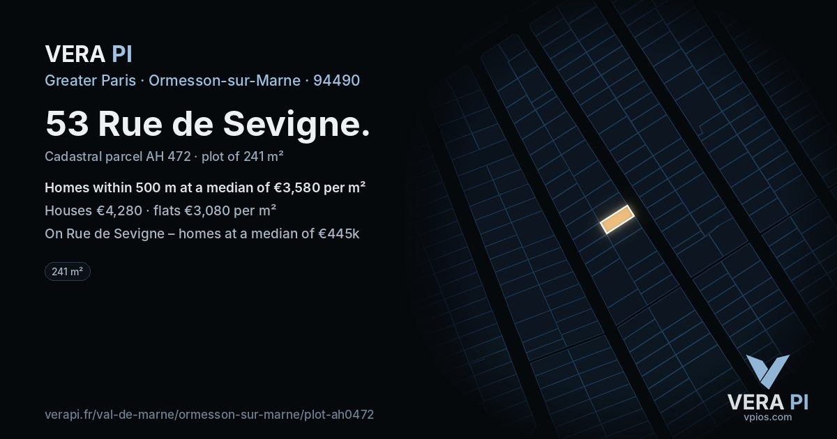 53 Rue de Sevigne, Ormesson-sur-Marne at night – the plot lit, the parcels around coloured by the prices near them