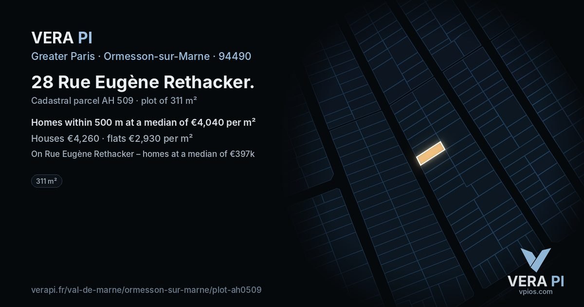 28 Rue Eugène Rethacker, Ormesson-sur-Marne at night – the plot lit, the parcels around coloured by the prices near them