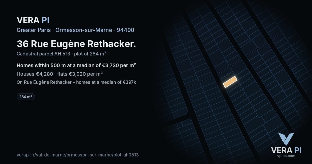 36 Rue Eugène Rethacker, Ormesson-sur-Marne at night – the plot lit, the parcels around coloured by the prices near them