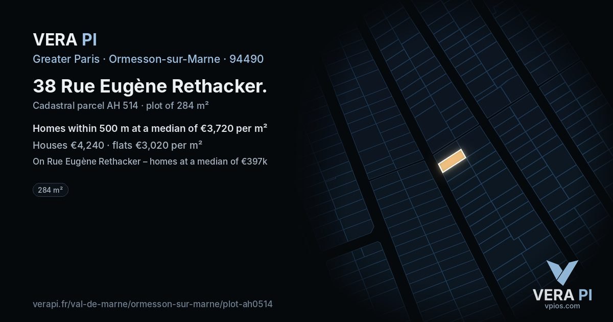 38 Rue Eugène Rethacker, Ormesson-sur-Marne at night – the plot lit, the parcels around coloured by the prices near them